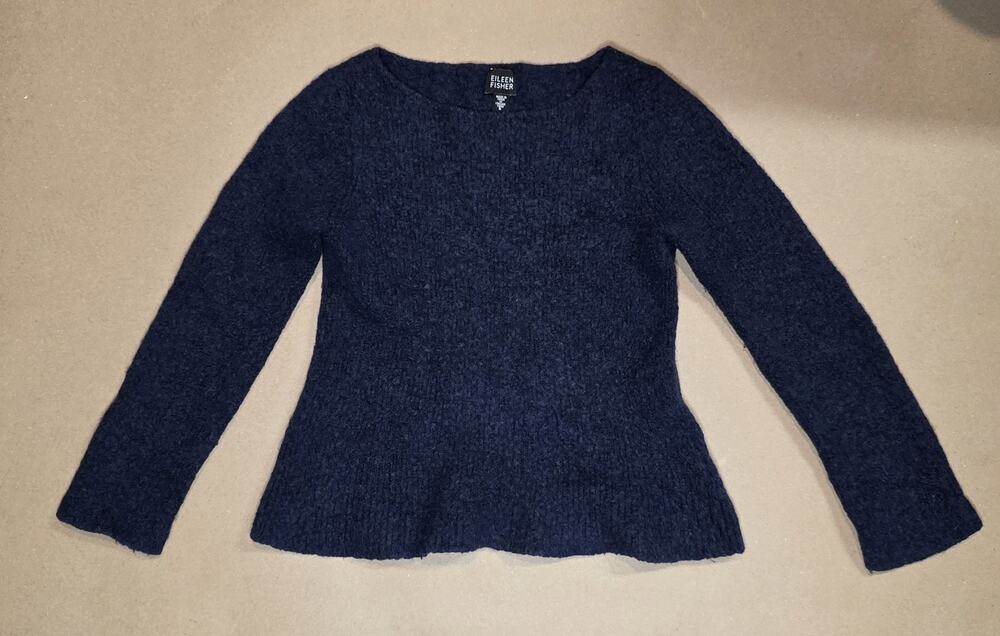 Eileen Fisher Wool Cashmere Sweater Womens Small Navy Plush Knit Pullover Cozy
